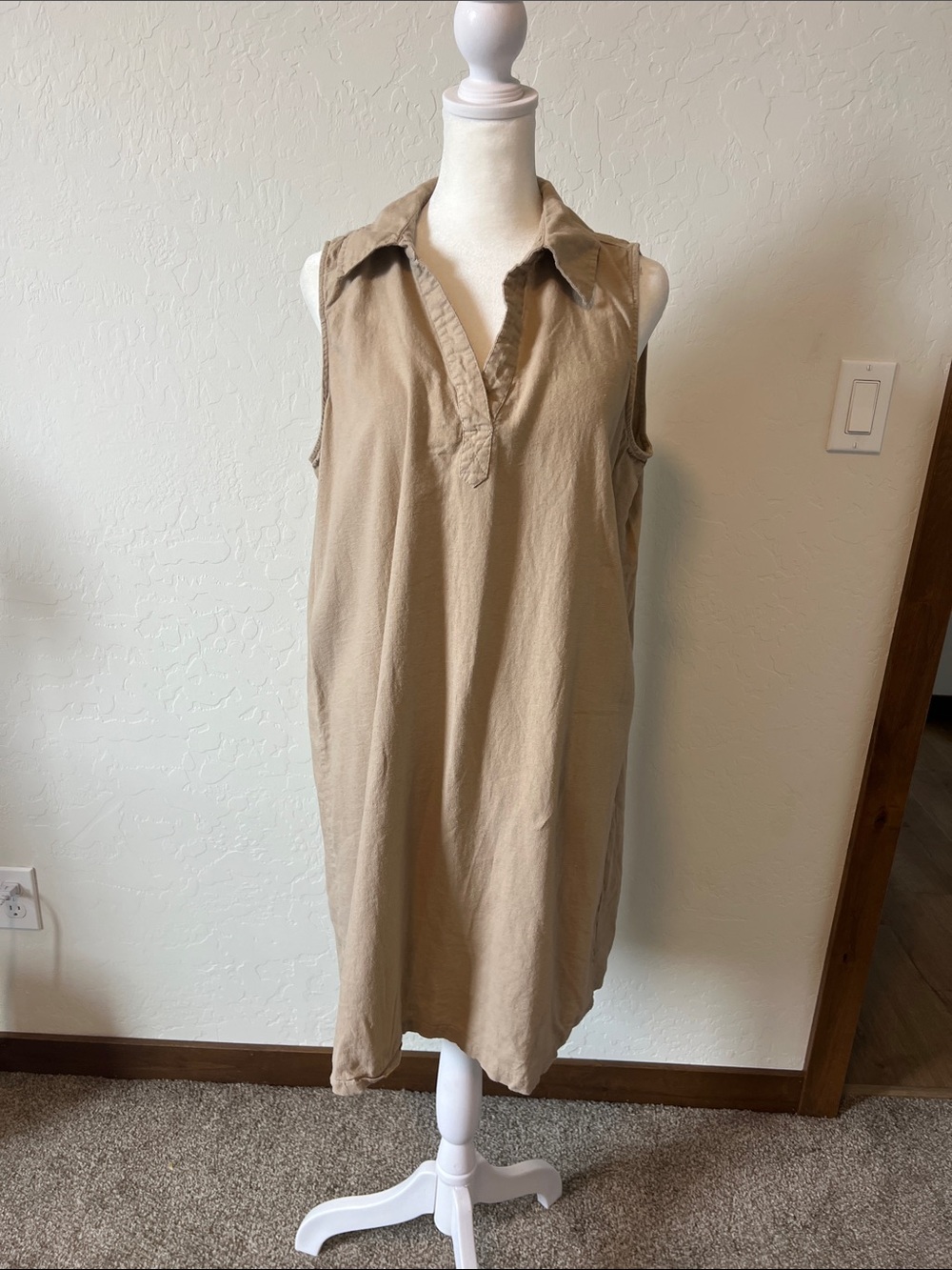 Per Se Neutral Linen Blend Collared Shirt Dress in Light Beige Large